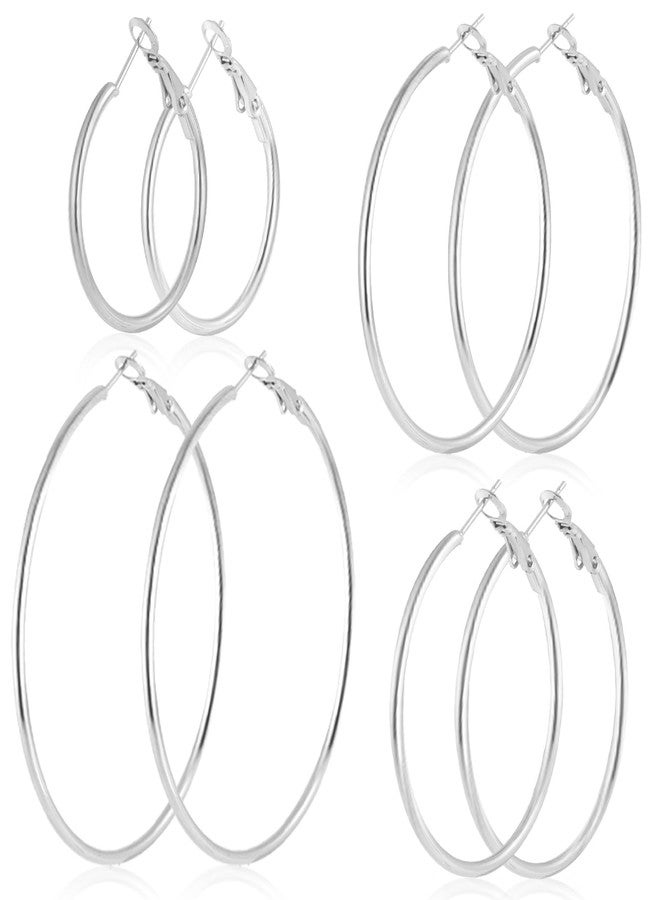 YINCUO 4 Pairs Stainless Steel Hoop Silver 30/40/50/60 mm Earrings for Women Hoops Hypoallergenic Thin Lightweight Dangle Set - Image 1